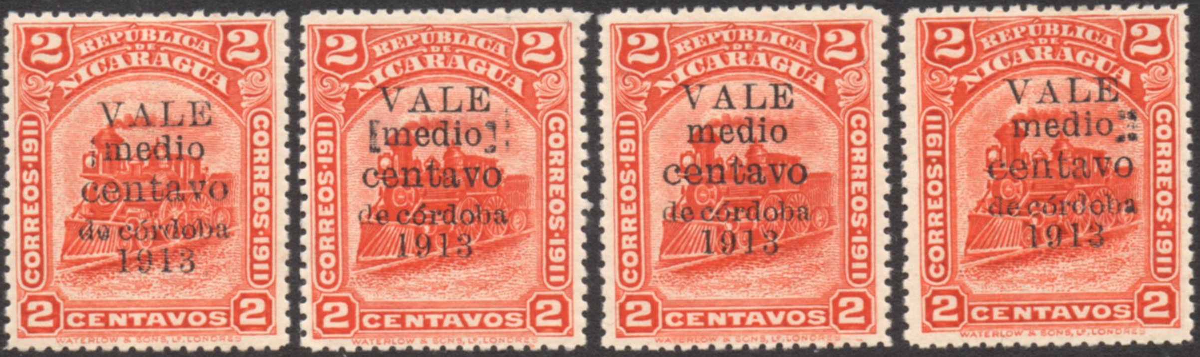 Nicaragua stamps 1913 surcharges Locomotive medio centavo Varieties on the word medio